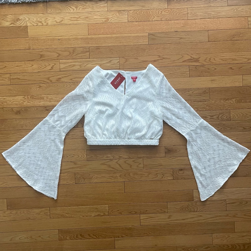 Guess Bell Sleeve Crop Top Pure White w/ Gold Threading Cropped